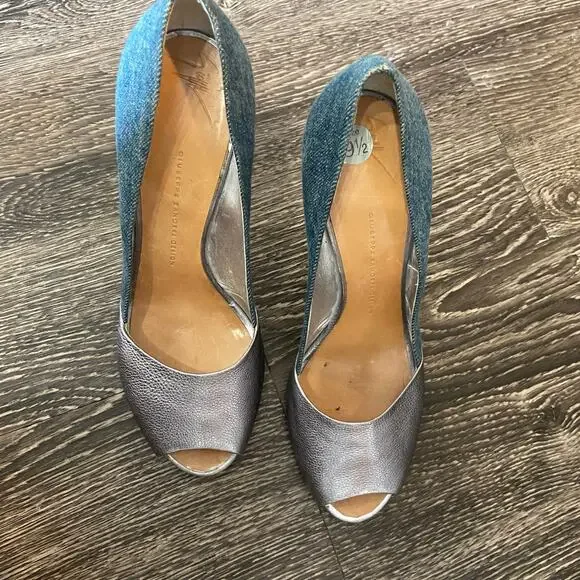 Giuseppe Zandotti Women's Size 9.5 Blue Denim & Silver Koka Peep Toe High Heels - Picture 3 of 14